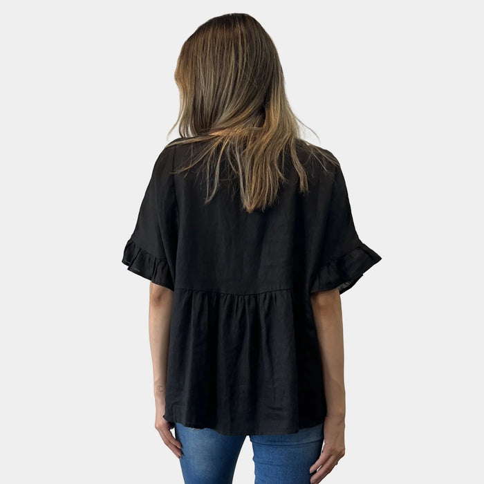 V NECK SIDE POCKET LINEN TOP - BLACK