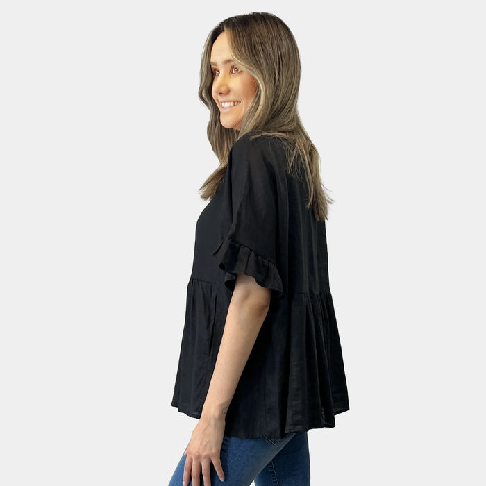 V NECK SIDE POCKET LINEN TOP - BLACK