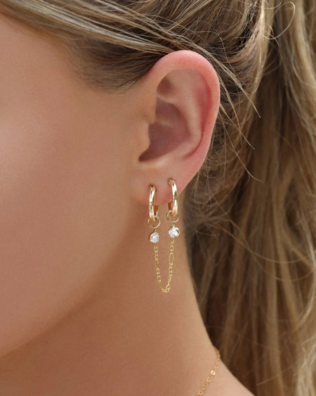 DOUBLE PIERCING CZ HOOP EARRINGS- 14K YELLOW GOLD FILL