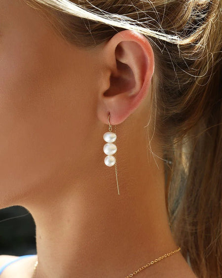 TRIPLE FRESHWATER PEARL STACK U-THREADER EARRINGS