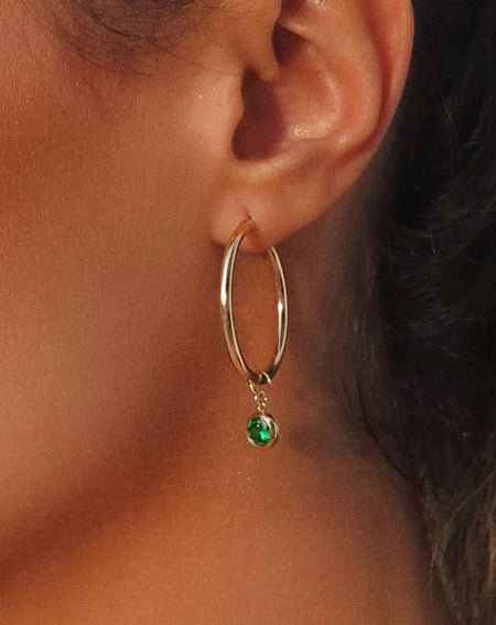 LARGE EMERALD CZ THICK HOOP EARRINGS- 14K YELLOW GOLD FILL