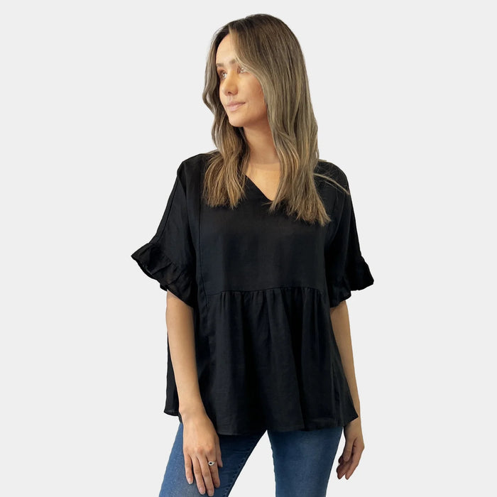 V NECK SIDE POCKET LINEN TOP - BLACK