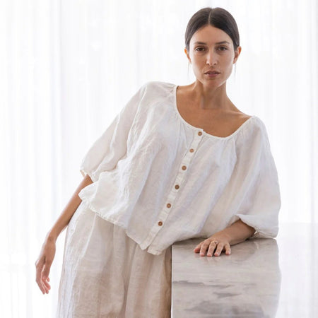 Button Linen Blouse - Sundae White