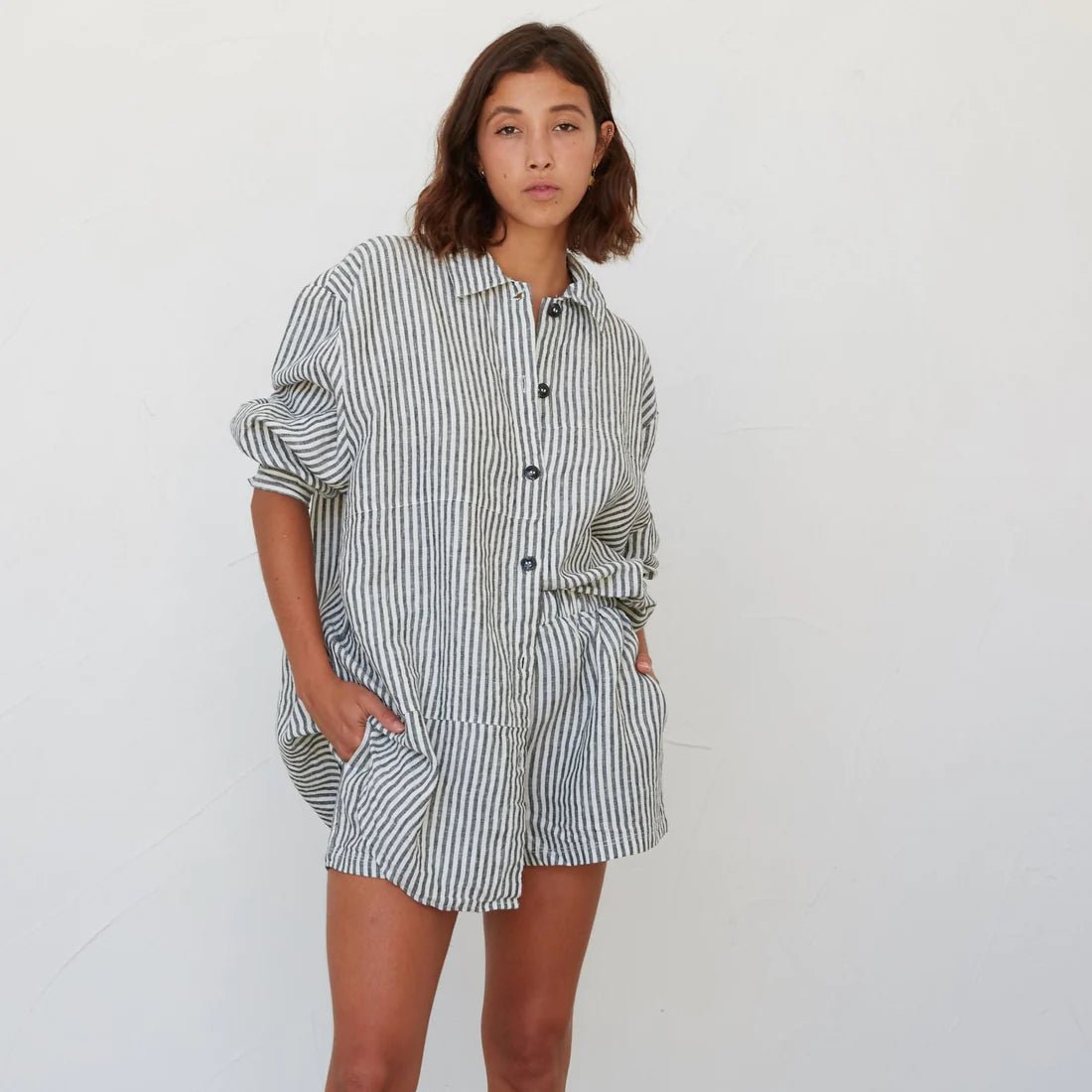 Linen Drawstring Shorts - Charcoal Stripe