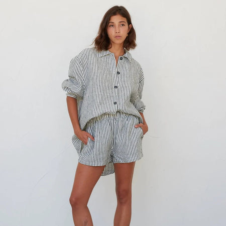 Linen Drawstring Shorts - Charcoal Stripe